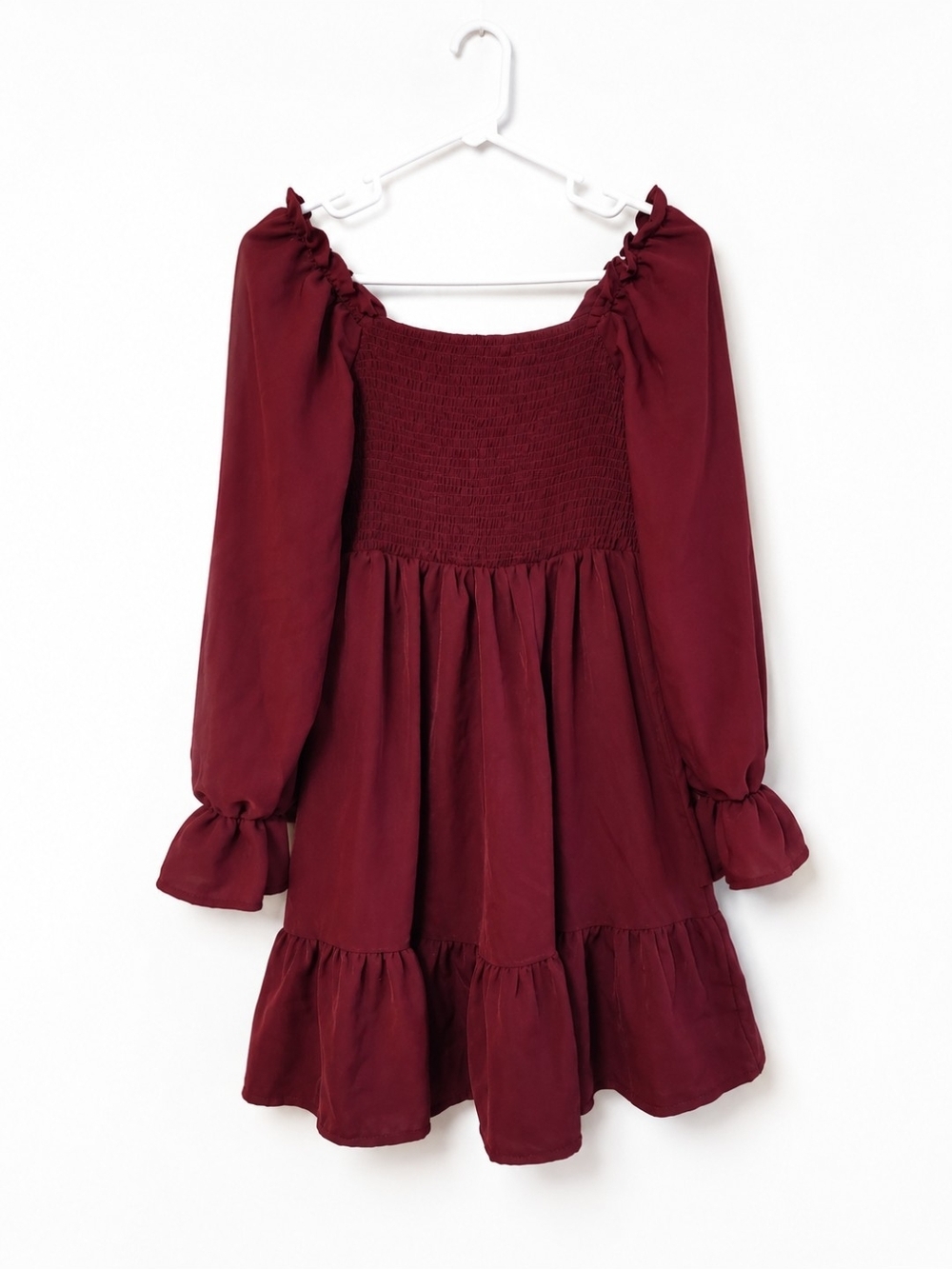 Burgundy Smocked Babydoll Puff Sleeve Boho Dress Medium EUC - Picture 3 of 6
